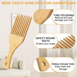 Bamboo Hair Pick for Afro Wide Tooth Hair Detangling Comb for Curly Styling Women Men