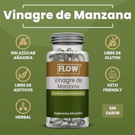 Vinagre de Manzana Orgánico Flow Products 90 cápsulas 500 mg | Suplemento Alimenticio, Sin Azúcar, Libre de Gluten, Sin Aditivos