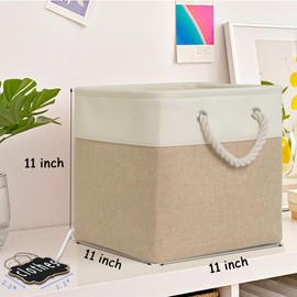11x11 cube storage bins[6 Pack],Cube Storage Organizer Bins with Rope Handles, Eco-Friendly Linen Collapsible Organizers for Closet, Nursery, Toys, Office, Bathroom – Dual Color Design.(White&Khaki)