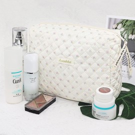 Travel Toiletry Bag, Cotton Floral Travel Makeup Bag, Portable Cosmetic Bag, Travel Makeup Storage Bag for Women Girls (Flower-Beige)