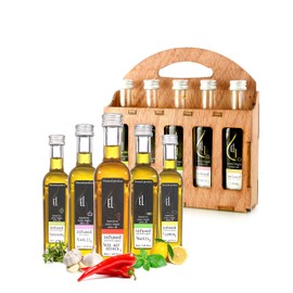 Organic Herbs Infused Greek Extra Virgin Olive Oil, 5 flavors - Basil, Lemon, Garlic, Red Pepper, Oregano in French Glass Bottles, Finishing Oil, Perfect Wooden Gift Set, 50 ml (1.69 oz) each