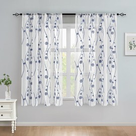 HOMEIDEAS Navy and White Sheer Curtains 52 X 63 Inches Length 2 Panels Blue Embroidered Wave Line with Spiral Pattern Faux Linen Semi Sheer Voile Window Drapes for Bedroom Living Room