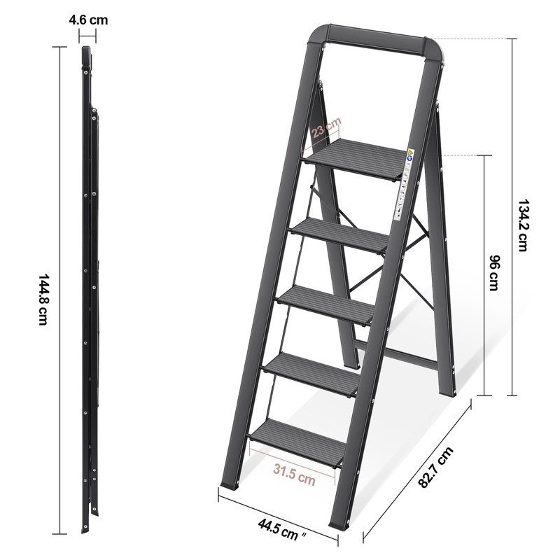 KINGRACK Aluminium 5 Step Ladder, Lightweight Step Stool with Non-Slip