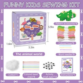 Kids Sewing Kits for Beginners, 8 Stuffed Animals, Rabbit, Dinosaur Making Easy Felt Sewing Fun Craft Kit, Educational Learn to Sew Gifts for Kids Age 5 6 7 8 9 10 11 12, Instruction & Felt Materials