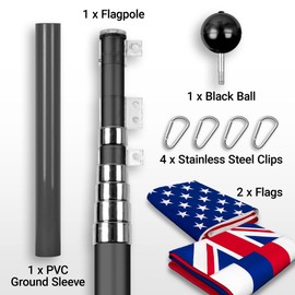 G128 Combo Pack: 25 Ft Telescoping Aluminum Flagpole (Black) & American and Hawaii Flags 3x5 Ft, Both ToughWeave Series Embroidered Polyester | Pole with Flags Included