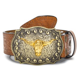 YCMI Western Cowboy Belts for Men Women - Bull Buckle Vintage Floral Engraved Belt for 25 to 38" waist