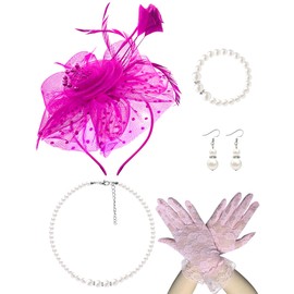 5 Pack Fuchsia Fascinators Hat for Women Tea Party Veil Mesh Headband Feather Derby Hat Lace Gloves Pearl Jewelry Set for 1920s Party