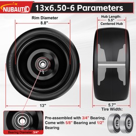13x6.50-6 Lawn Mower Tires Flat Free,13x6.5-6 Tire and Wheel for Zero Turn Mowers with 5.5"-7.7" Centered Hub, 3/4" 5/8" 1/2" Precision Bearing,Compatible with Riding Lawn Mower Garden Tractor