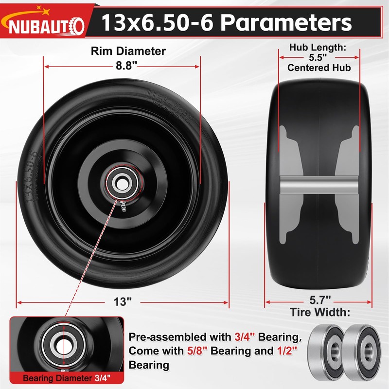 13x6.50-6 Lawn Mower Tires Flat Free,13x6.5-6 Tire and Wheel for