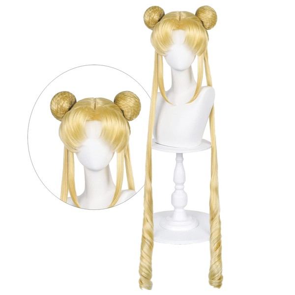 LABEAUTÉ Long Curly Blonde Ponytails Wig with Buns for Women Girls Cosplay Costume Anime Blonde Pigtails Wig with Bangs + Cap