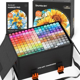 Shuttle Art 172 Colors Dual Tip Alcohol Based Art Markers,171 Colors plus 1 Blender Permanent Marker 1 Marker Pad with Case Perfect for Kids Adult Coloring Books Sketching and Card Making