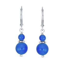Gemstone Natural Blue Agate Boho Bali Milgrain Edged Beaded Rondel Separator Double Ball Round Drop Dangle Earrings For Women Teen .925 Sterling Silver Lever back