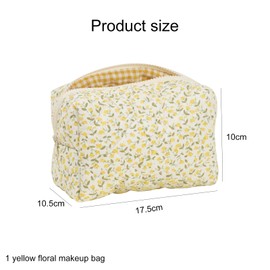 Aikeis Quilted Cosmetic Bag, Elegant Floral Cosmetic Bag, Soft Cotton Material, Large Capacity for Makeup Brushes and Beauty Tools (Yellow), Plaid Lining, yellow, Yellow checkered cosmetic bag with
