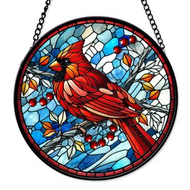 FIVITY 7.8'' Red Bird Suncatcher Stained Glass Window Hanging Birds Ornament Natural Sun Catchers Wall Home Office Room Decor Memorial Thanksgiving Birthday Gifts for Animal Lovers Women Mom Wife