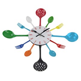 Timelike Wall Clock, 16" Metal Kitchen Cutlery Utensil Spoon Fork Wall Clock Creative Modern Home Decor Antique Style Wall Watch (Colorful)