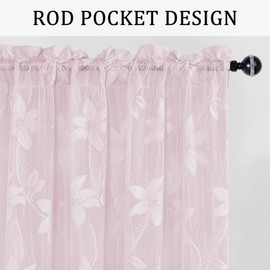 DWCN Floral Lace Sheer Curtains - Short Curtains Floral Lace Design Rod Pocket Window Voile Sheer Drapes for Kitchen Bedroom Living Room 52 x 54 inches Long Curtain Panels, Set of 2, Sakura Pink