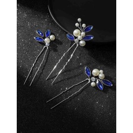 Latious Bride Wedding Hair Pins Pearl Bridal Hair Piece Blue Crystal Hair Clips Rhinestones Hair Accessories for Women and Girls ( Pack of 3) (Silver)