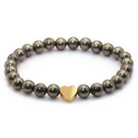 Echtes Pyrit Edelstein Armband mit 6mm Perlen und Edelstahlherz - verschiedene Längen - Heilstein Schutzstein Talisman Glücksbringer Geschenk (Pyrit, 22CM)