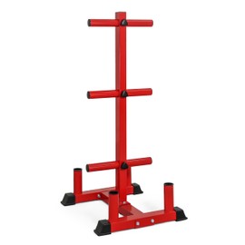 CAP Barbell Olympic Bumper Plate Tree Rack with 6 Weight Plate Posts and 4 Barbell Storage Holders – Heavy-Duty Steel Gym Organizer for Olympic Plates and Bars - Red