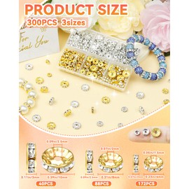 300pcs FIVEIZERO Rondelle Spacer Beads for Jewelry Making, 6mm, 8mm, 10mm Beads with Holes, Silver Rhinestone Beads for Beaded Pens, DIY Craft Supplies, Bracelets