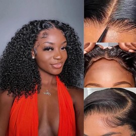 Glueless Bob Wigs Human Hair Pre Plucked Pre Cut 5x5 HD Lace Front Wigs for Black Women 3 Seconds To Wear and Go Curly Human Hair Wig Bleach Knots No Glue Bob Wig 180% Density 14 Inch
