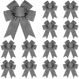 12 Pieces Halloween Black White Stripe Tree Topper Bows Christmas Burlap Bows Halloween Christmas Wreath Bow Craft for Tree Gift Wrapping Wall Home Front Door Decor