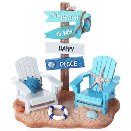 Wonderjune Beach Chair Resin Figurine 7x7 Inch Coastal Nautical Summer Decor with Adirondack Chairs and Sign Blue Beach House Tabletop Decoration for End Table Mantle or Housewarming Gift