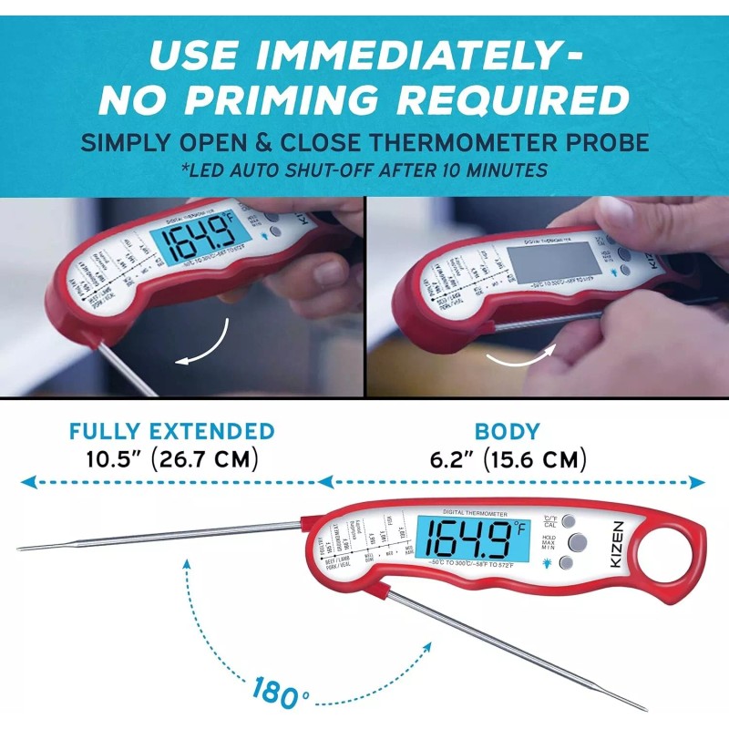 Kizen Digital Waterproof Instant Read Meat Thermometer - Red