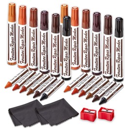 MeasuPro Furniture Repair Kit Set of 26 Wood Repair Kit w/Furniture Touch Up Markers Wax Crayons Sharpener & Cleaner Cloth Restore Hardwood Floor Scratches Discoloration for Wooden Door and More