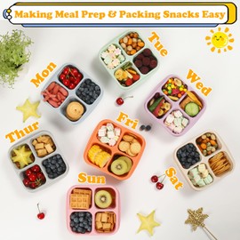 BE OVER QUALITY 7 Pack Bento Box, 4 Compartment Lunchable Snack Containers with Lids for Meal Prep, School, Travel, Reusable Divided Lunch Food Container for Adults, Kids, Toddlers