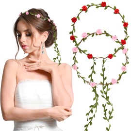 BETESSIN 2 x Flower Wreath Hair Flower Crown Women Girls Boho Flowers Hair Band Bridal Roses Headband with Leaves Wedding Party Communion Birthday Headpiece Red Pink