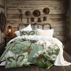 CCoutueChen Western Comforter Set Queen Size,Rustic Ranch Country Horseshoe Bedding for Women,3Pcs Vintage Farmhouse Summer Decor Lightweight Comforter with 2 Pillowcases,Sage Green