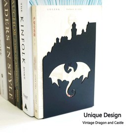 1 Pair 2pcs Heavy Metal Black Book Ends to Hold Books, Book Ends for Home Decorative (Dragon)