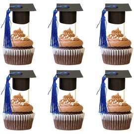 Gyufise 24Pcs 3D 2025 Graduation Cap Cupcake Toppers DIY 2025 Congrats Grad Cupcake Picks Graduation Cap with Tassels 2025 Graduation Cupcake Picks for Graduation Theme Party Supplies Black Blue