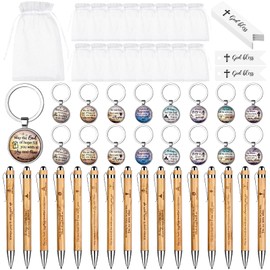 64Pcs/16 Set Christian Gift Set Bulk Bible Verse Inspirational Bamboo Pens Religious Keychain Organza Bags with Religious Cards Religious Gift for Office School Church Supplies