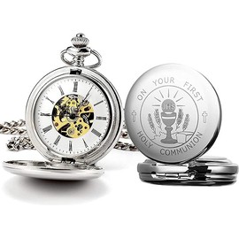 oyeaho Mechanical Hand-Wind First Holy Communion for Mechanical Engraved Pocket Watch Religious Gifts for Boys Brother Son Father Men Husband Double Case Silver Hand Wind Roman Numerals Pocket Watch with Chain