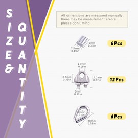 Swpeet 24 Pieces M2 (1/16") Wire Rope Accessories Set, Including M2 Wire Rope Clamp, M2 Stainless Steel Thimble, 2mm Aluminum Clamp, Perfect for 1/8" Wire Rope Cable (M2)
