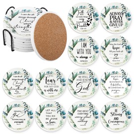 FillTouch Set of 12 Christian Coasters Bulk Gift Religious Bible Verse Ceramic Coaster for Women Cork Backing Absorbent Coaster with Holder for Men Church Welcome Favor Kitchen Supplies (Leaf Style)