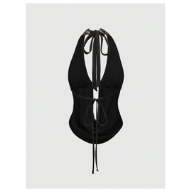 Verdusa Women's Cheetah Print Sequin Top Y2K Tie Back Corset Halter Going Out Crop Tops Brown X-Small