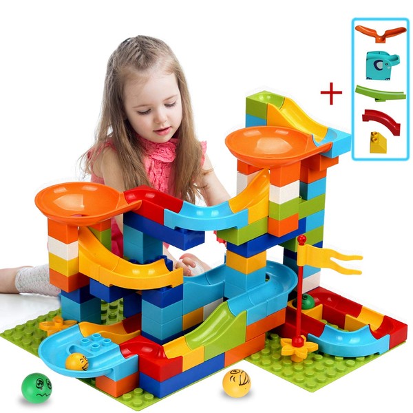 COUOMOXA Marble Run Building Blocks Classic Big Blocks STEM Toy Bricks Set Kids Race Track Compatible with All Major Brands 110 PCS Various Track Models for Boys Girls Aged 3,4,5,6,8 (Upgrade 2 in1)