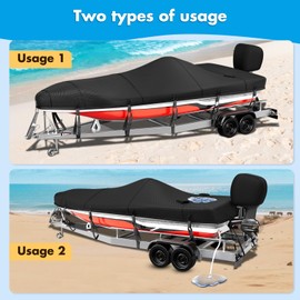 Boat Cover with Separate Drainage Kit Accessory,1400D Double Usage Wind-Proof Boat Covers with Motor Cover,2-Layer Waterproof Coating Universal Cover for 20-22ft V/Tri-Hull,Bass Tracker,Black