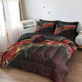 MUGINYU Black and Red Marble Comforter Set Queen Size Foil Print Glitter 8 Pieces Bed in a Bag Abstract Black and Gold Bedding Set Boho Hippie Goth Bedroom Sets