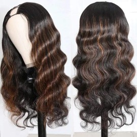 BDBDBD Ombre V Part Wig Human Hair Body Wave Upgrade U Part Human Hair Wig with Clips Brown Wigs for Black Women 180% Density No Leave Out Highlight Wig Beginner Friendly (14 inch)