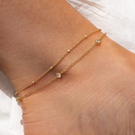 LuckFairy Ankle Bracelets for Women, Gold Anklet for Women Waterproof Minimalist Summer Jewelry Double Layer Chain Cz 14K Gold Plated Gold Anklet Bracelet for Women Beach Anklets Gold Jewelry Gifts
