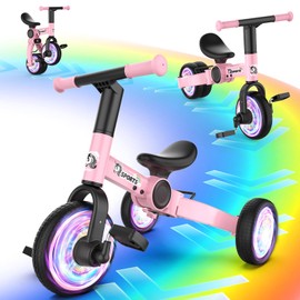 5 in 1 Pink Toddler Bike for 2-5 Years Old Girls, Colorful Lighting Toddler Tricycle for 2-3 3-5 Year Olds with Removable Pedals, Birthday Gift and Idea Toy for Girl Kids Ages 2+ Balance Training