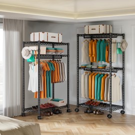 PUNION Rolling Clothes Rack Portable Closet Wardrobe with Wheels and Side Hooks, 2 Hanging Rod, Adjustable Freestanding Heavy Duty Clothing Racks Storage Drying Rack, Black, GR1Plus