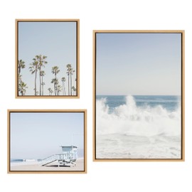 Kate and Laurel Sylvie Waves Crashing, Palm Tree Paradise and Pale Blue Lifeguard Tower Framed Canvas Wall Art Set by Caroline Mint, 3 Piece Set Natural, Coastal Beach Art Set for Wall