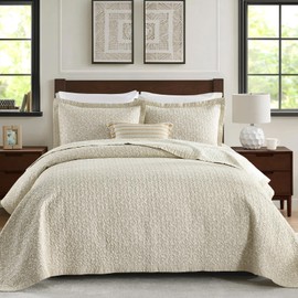 QuiltMuse Queen Quilt Set - 100% Cotton Quilts Queen Size with Matching Shams, Vintage Floral Design Farmhouse Bedspread, 3 Pieces Summer Lightweight Coverlet Set with Solid Reverse, Oatmeal