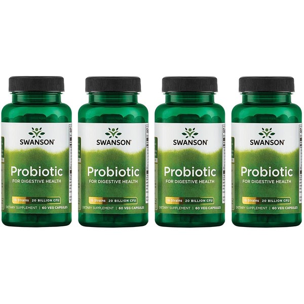 Swanson Probiotic for Digestive Health GI Tract Immune Support Travelers Support 20 Billion CFU with Prebiotic FOS 60 Veggie Capsules (Caps) (4 Pack)
