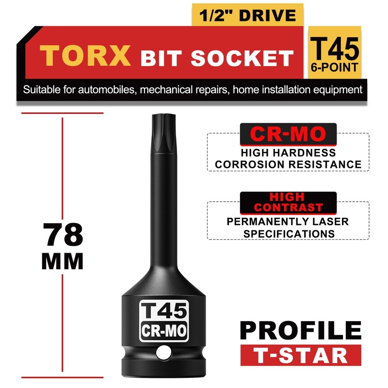 KIRXST T45 Profile Impact Star Socket Bit, 1/2" Torx Profile